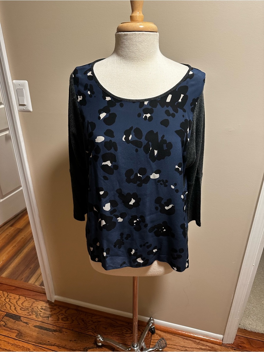 Rebecca Taylor Navy Floral-Print Scoop Neck Long Sleeve Top